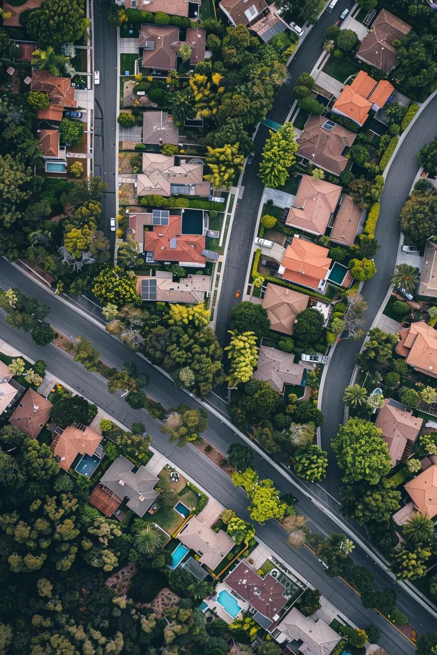 top view of homes with streets and trees no text no lettering