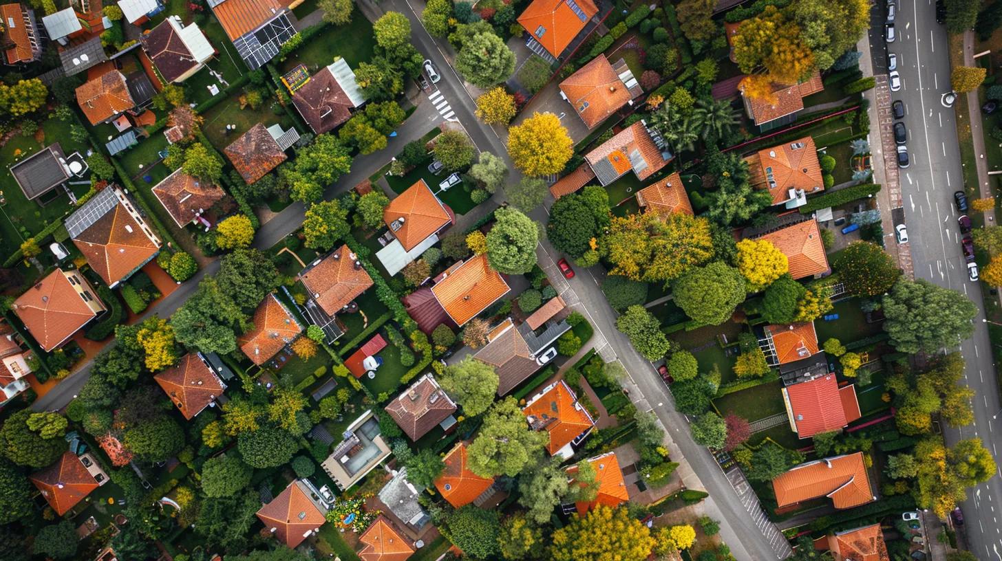 top view of homes with streets and trees no text no lettering