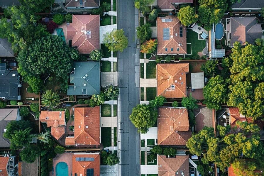 top view of homes with streets and trees no text no lettering