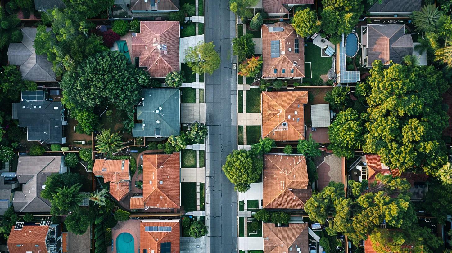 top view of homes with streets and trees no text no lettering